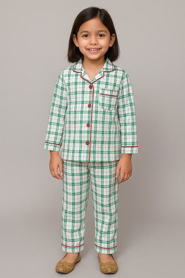SHIRTSLOGY Boys & Girls Checkered Green Night Suit Set