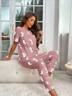 FASHION GREAB Women Printed Pink Top & Pyjama Set