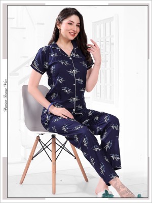 TRUNDZ Women Printed Dark Blue Shirt & Pyjama set