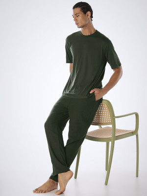 JACK & JONES Men Solid Green Top & Pyjama Set