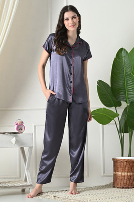 Kattly Women Solid Grey Shirt & Pyjama set