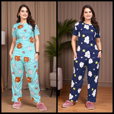 FASHION GREAB Women Printed Pink Top & Pyjama Set