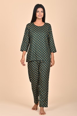 Manchita Fashion Women Printed Green Night Suit Set