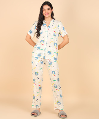 Asami Women Printed White Night Suit Set