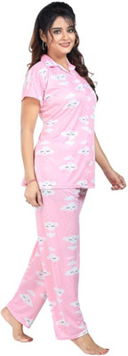 Qunity Women Printed Pink Night Suit Set