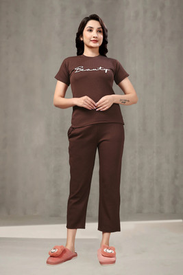PTELRA Women Printed Brown Top & Pyjama Set