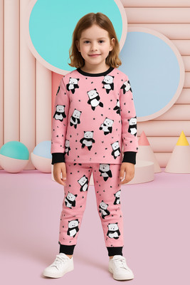 Lazy Shark Girls Printed Pink Night Suit Set