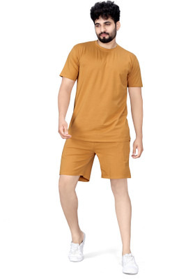Qosha Men Solid Yellow Night Suit Set