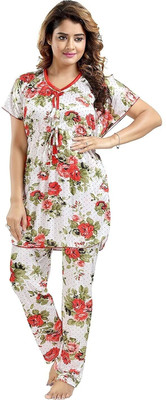 Rangmor Women Printed White, Red Top & Pyjama Set