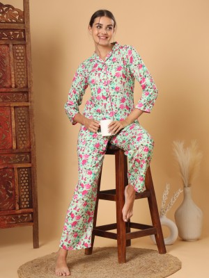 Tissu Women Floral Print Green Night Suit Set