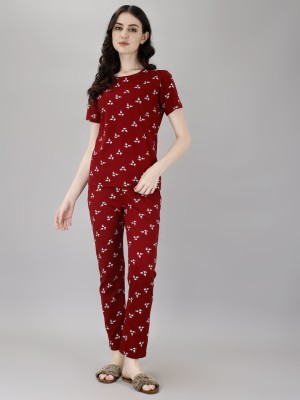 Smarty Pants Women Printed Maroon Night Suit Set