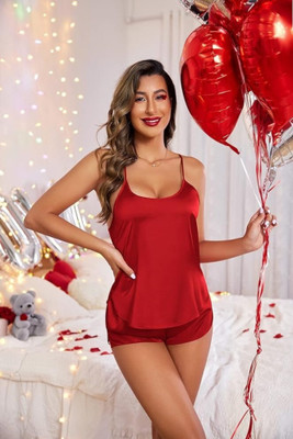 MARDIA Women Solid Red Night Suit Set