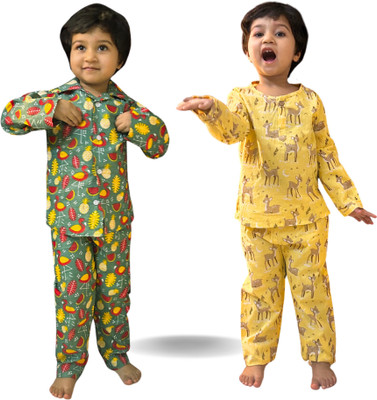 Tittertots Girls Printed Yellow, Green Night Suit Set