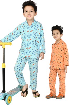 The RN creation Boys Printed Blue, Orange Shirt & Pyjama set