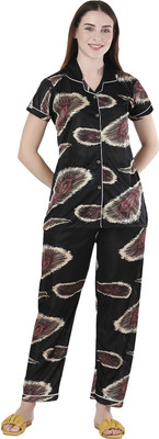 YAACH Women Graphic Print Black Night Suit Set