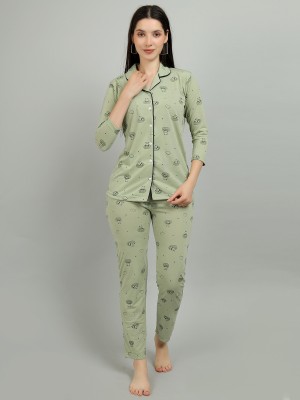 Thansmay kleider Women Printed Green Night Suit Set