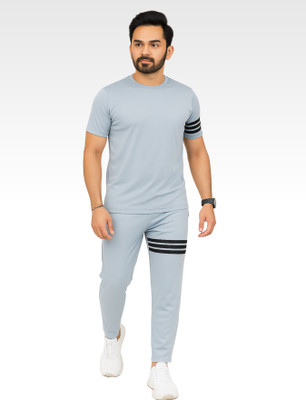 LINSOR FASHION Men Striped Grey Night Suit Set