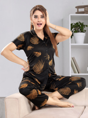 Trade Zone Women Printed Black Shirt & Pyjama set