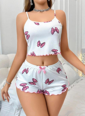 CichCiffon Women Printed White Top & Shorts Set