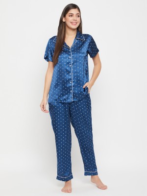 Clovia Women Polka Print Blue Top & Pyjama Set