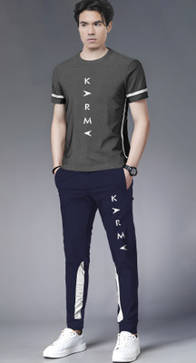 TRIPR Men Printed Grey, Dark Blue Night Suit Set
