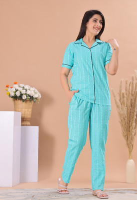 BADAM TEXTILE Women Solid Light Blue Shirt & Pyjama set