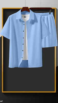 7starenterprise7 Men Solid Light Blue Top & Shorts Set