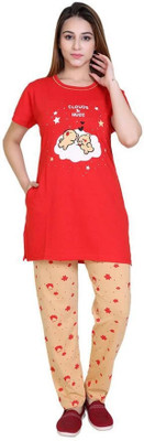 RG BY SS CLOTHING Women Printed Red, Beige Top & Pyjama Set