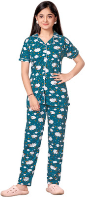 Bloem Girls Printed Dark Green Shirt & Pyjama set
