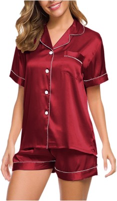 SO WE Women Solid Maroon Night Suit Set