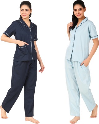 CUSHEE Women Solid Dark Blue, Light Blue Shirt & Pyjama set