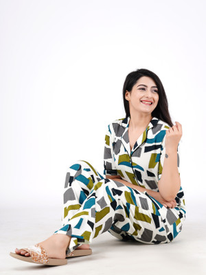 DreamBe Women Polka Print Blue, Green Night Suit Set