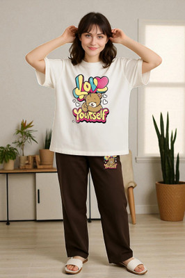 Elvia Women Printed Brown Top & Pyjama Set