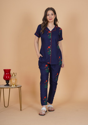 METRONAUT Women Printed Blue Night Suit Set