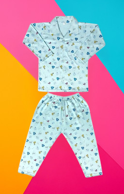 Priyabhakta Baby Boys & Baby Girls Printed Light Blue Night Suit Set
