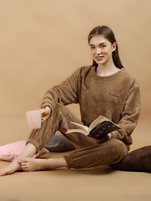 Moka Women Solid Brown Top & Pyjama Set