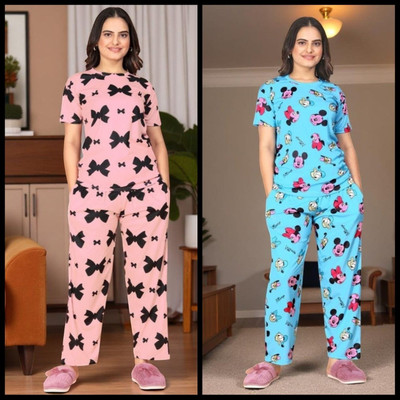 FASHION GREAB Women Printed Pink Top & Pyjama Set