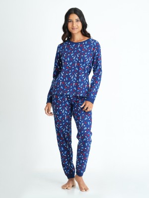 Mackly Women Printed Dark Blue, White, Red Top & Pyjama Set