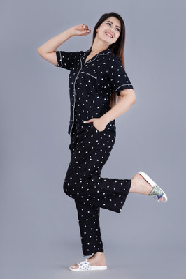 MintMarie Women Printed Black Shirt & Pyjama set