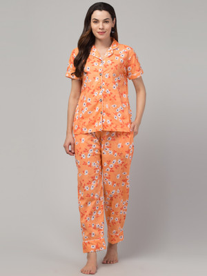 CROWN KING GARMENTS Women Floral Print Orange Shirt & Pyjama set