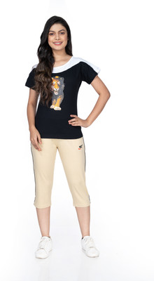 STYLE CLUB Women Printed, Solid Black, Beige Top & Capri Set