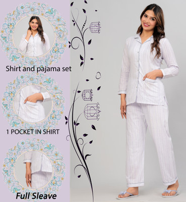 DAMMODE Women Printed White Shirt & Pyjama set