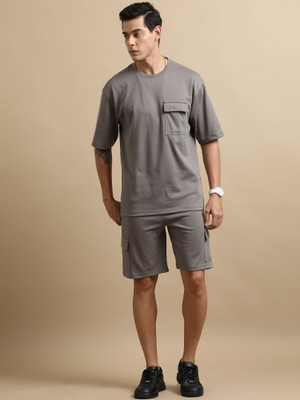 Bushirt Men Solid Grey Top & Shorts Set
