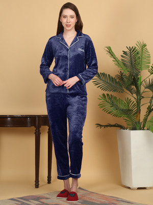 Klotthe Women Solid Blue Night Suit Set