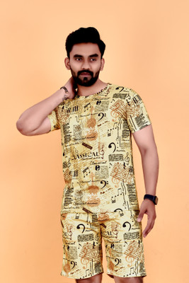 Qosha Men Printed Yellow Top & Shorts Set