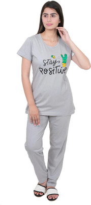 E-MAX Women Printed Grey Top & Pyjama Set