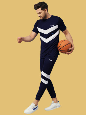 Chrome & Coral Men Colorblock Dark Blue Night Suit Set