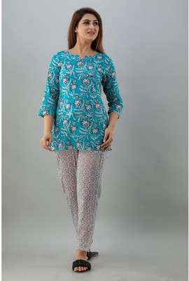 his&her Women Printed Blue Top & Pyjama Set