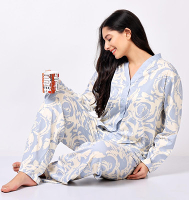 Lugo Women Printed Beige, Blue Night Suit Set