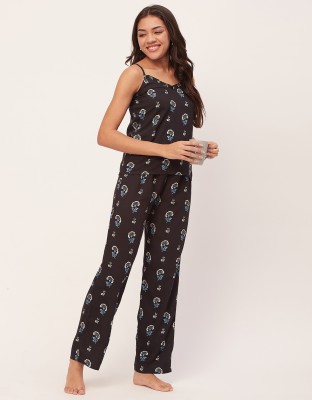 moomaya Women Printed Black Top & Pyjama Set